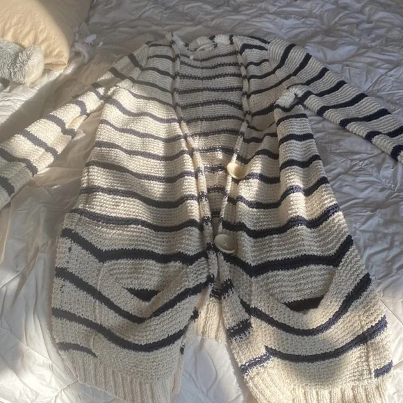 Free People Blue cream stripe cardigan - Picture 2 of 6